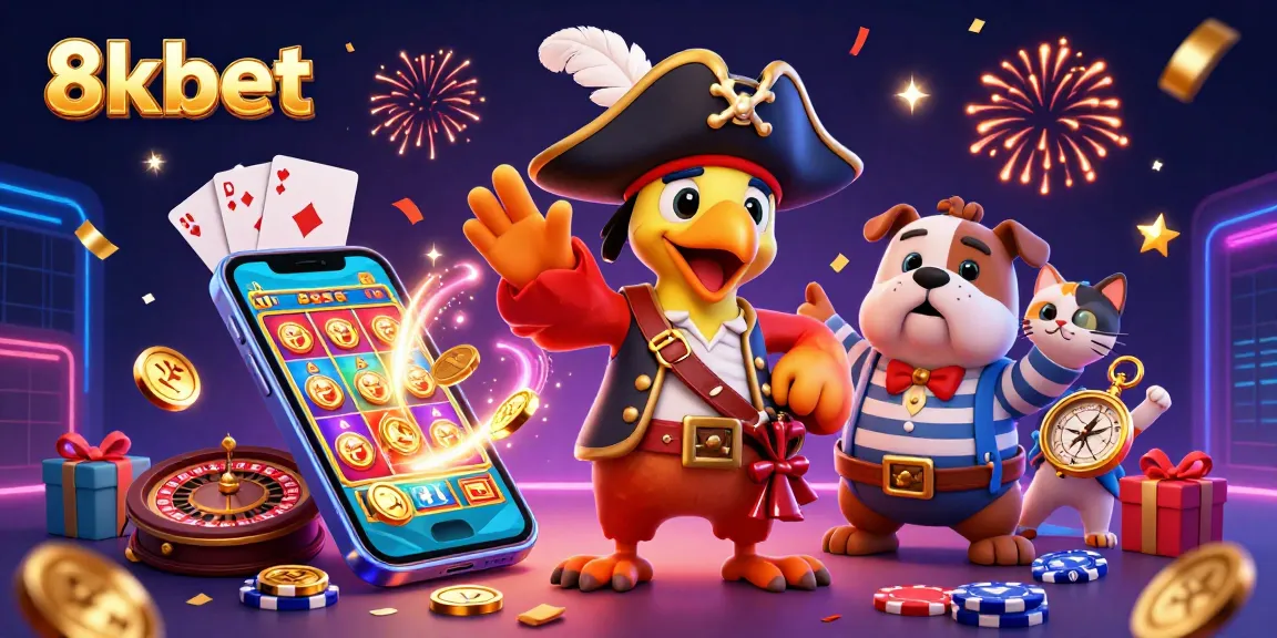 Experience exciting casino action with 8kbet's vibrant pirate crew among colorful games and festive decorations.