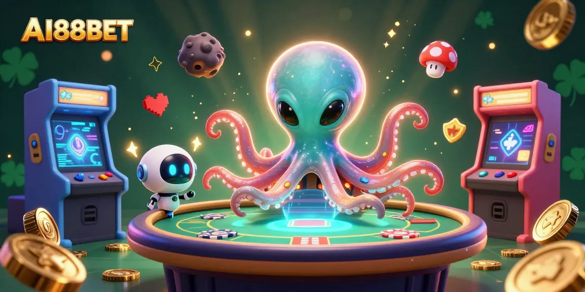Engaging AI88BET scene with an alien octopus and robot at a poker table surrounded by gaming elements, showcasing a vibrant casino atmosphere.