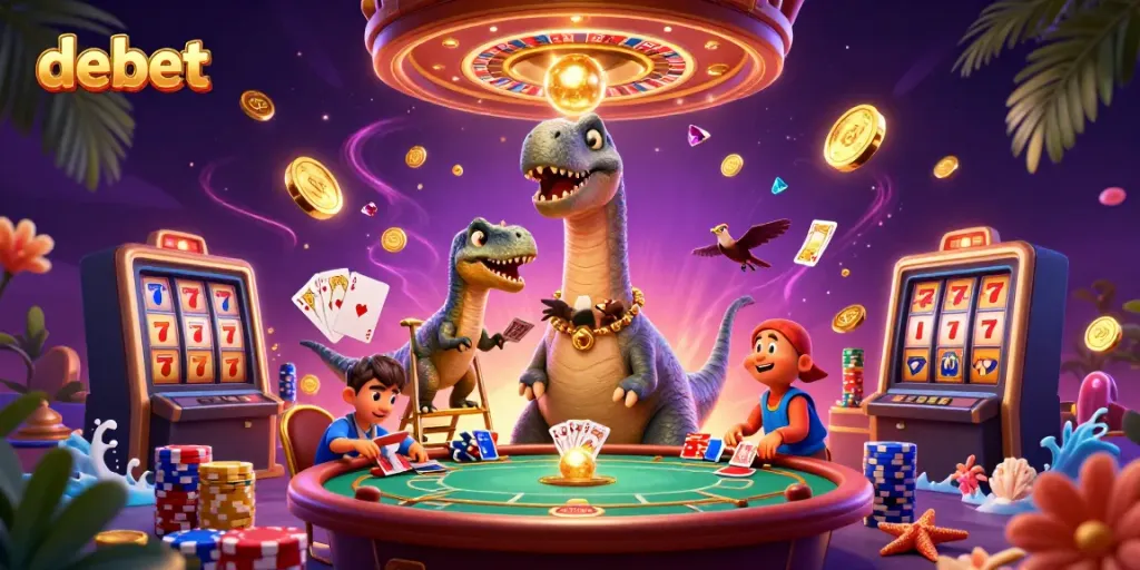 Experience debet casino thrills with a giant brontosaurus watching a poker game and cascading coins.