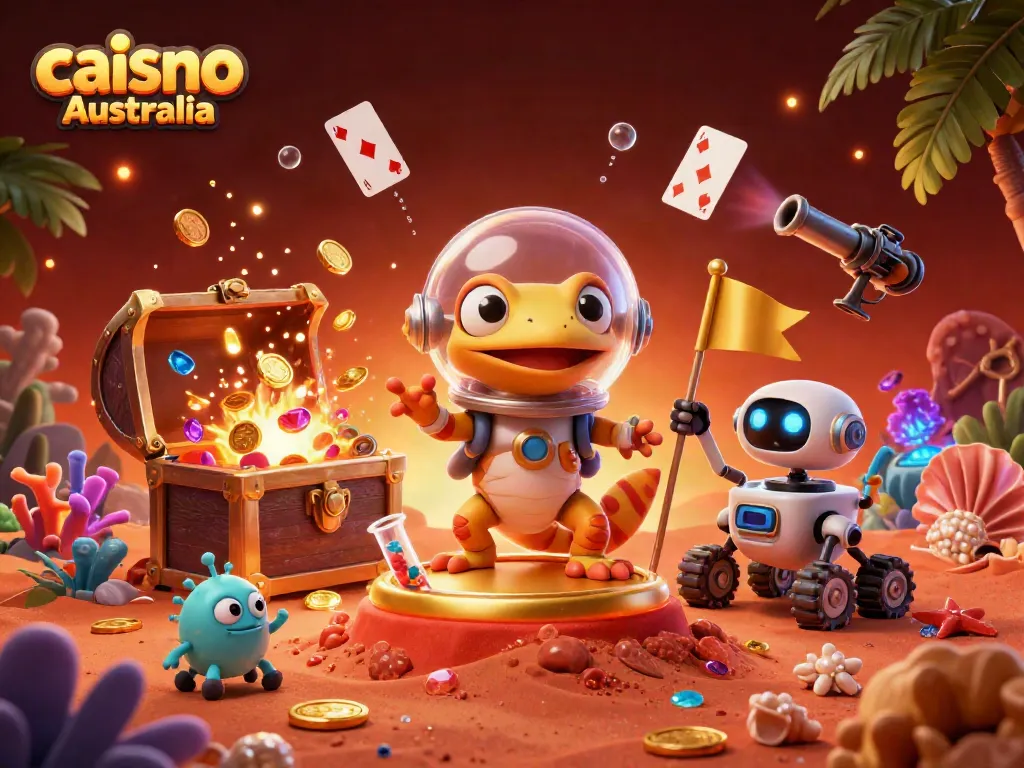 Experience the thrill of caisno Australia with a Martian gecko uncovering a golden casino amidst vibrant gaming elements.