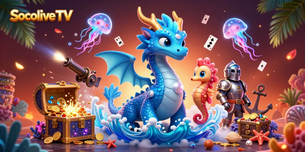 Socolive TV showcases a vibrant underwater casino scene with a majestic dragon, sea knight, and jellyfish.