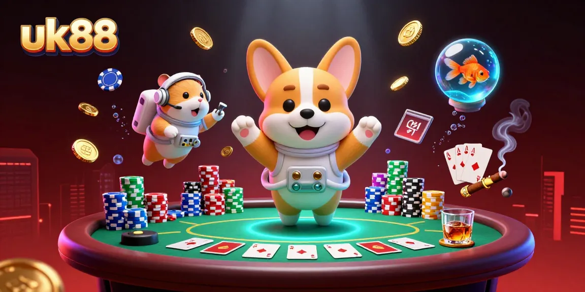 Engage in uk88 action with astronaut corgi in space casino surrounded by poker elements.