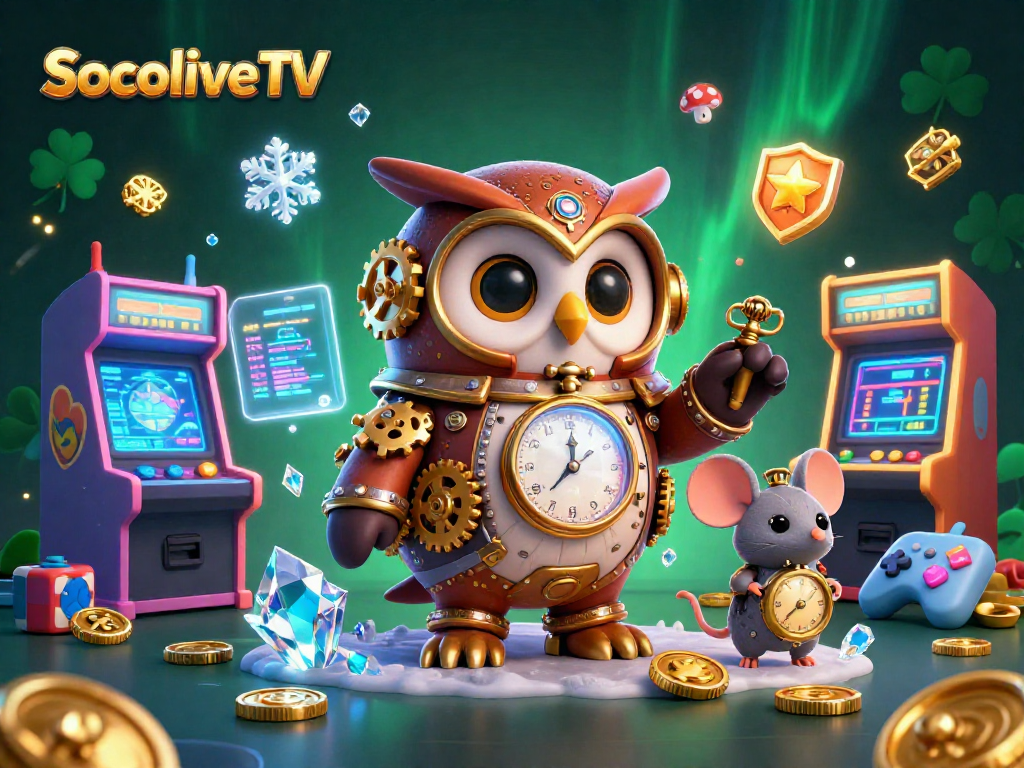 Socolive TV showcases thrilling casino elements with time-traveling characters in a vibrant arcade setting.