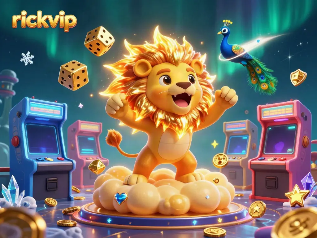 Experience excitement at rickvip with vibrant casino elements and playful characters in a stunning illustration.