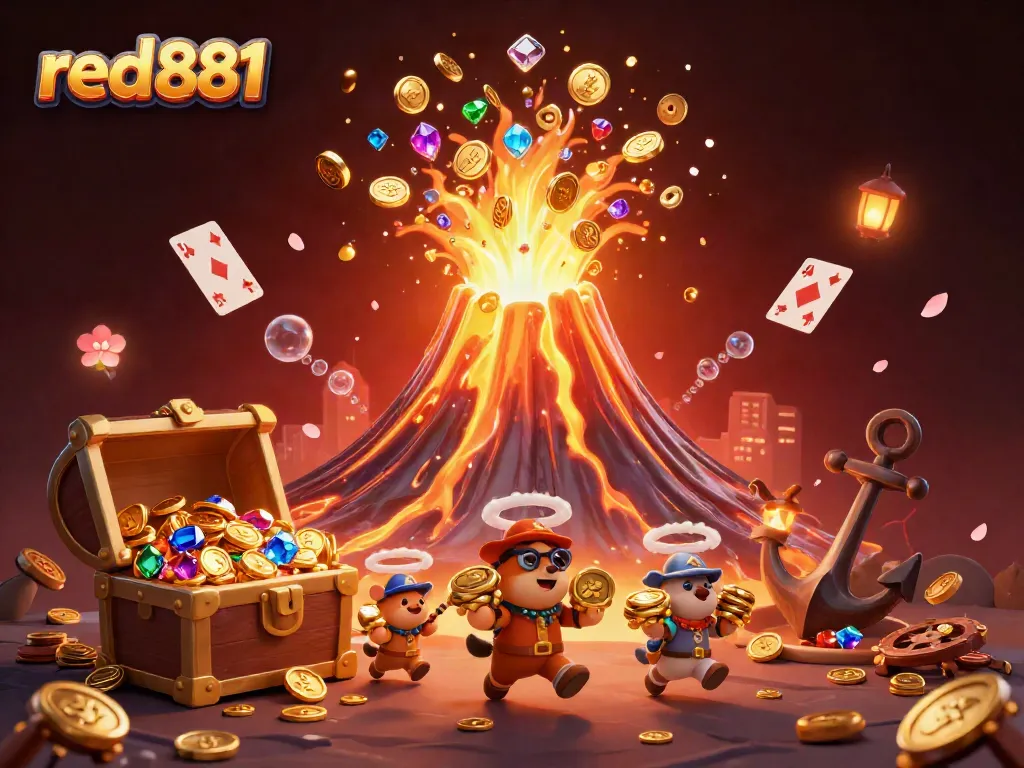 Experience the excitement of red881 with a gold volcano pouring treasures and tiny animals fleeing with gems.