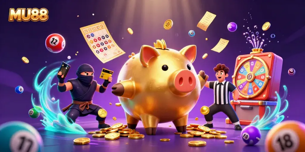 Experience the excitement of MU88 with a dynamic 3D scene featuring vibrant characters and lottery elements.