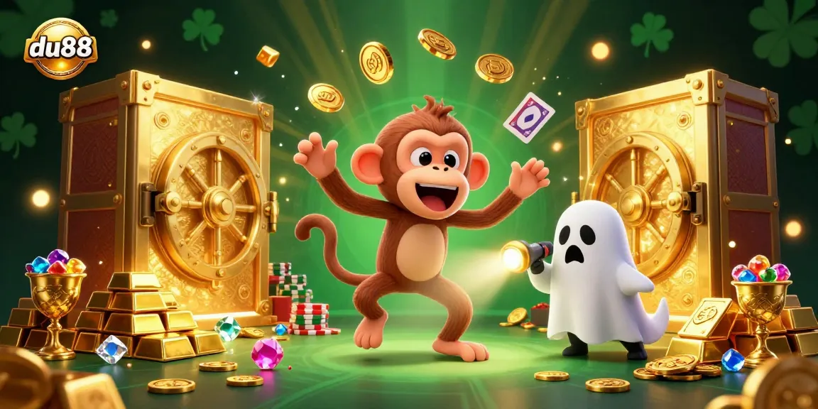 Experience du88's thrilling ghostly casino adventure with a playful monkey and puppy, surrounded by riches.
