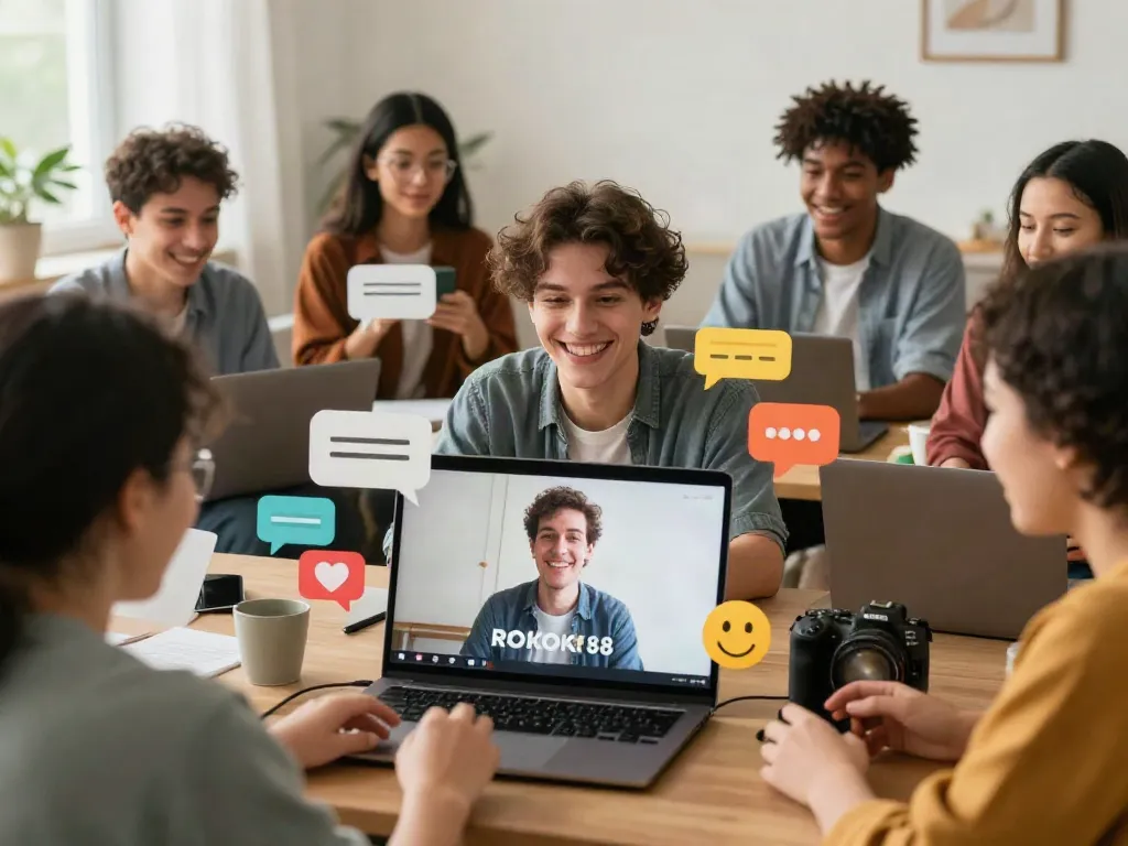 ROKOK88 engaging with a vibrant online community, showcasing energy and positivity.