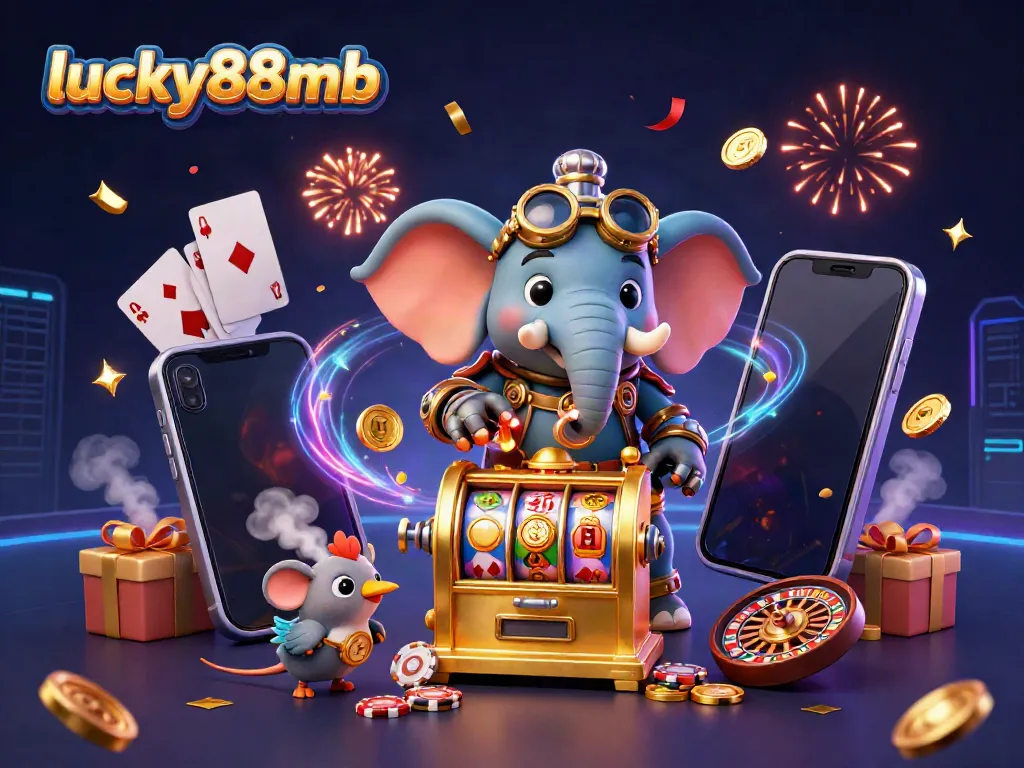 Experience the thrill of lucky88mb with steampunk-themed characters at a golden slot machine, bursting with excitement.