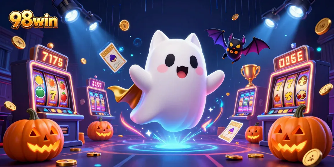 Experience 98win with a ghost cat and vampire bat in a vibrant casino scene full of action.