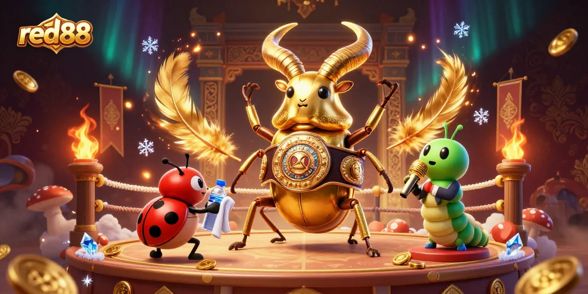 Engaging in thrilling red88 casino action with a giant beetle, ladybug corner-man, and caterpillar announcer in a vibrant setting.