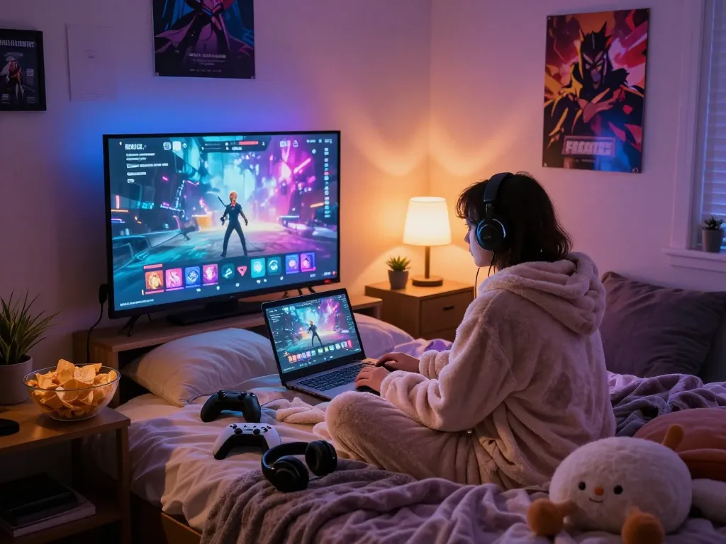 Engaging scene of a person enjoying game porn on a laptop in a cozy bedroom environment.
