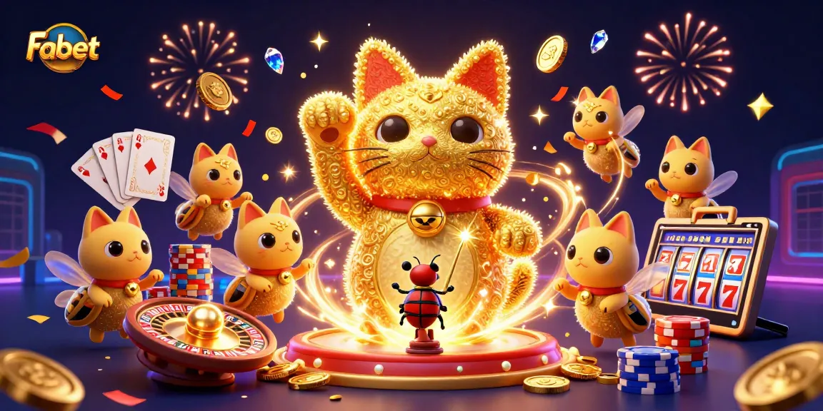 Fabet's interactive casino environment showcases dazzling slots, festive symbols, and a vibrant lucky cat.