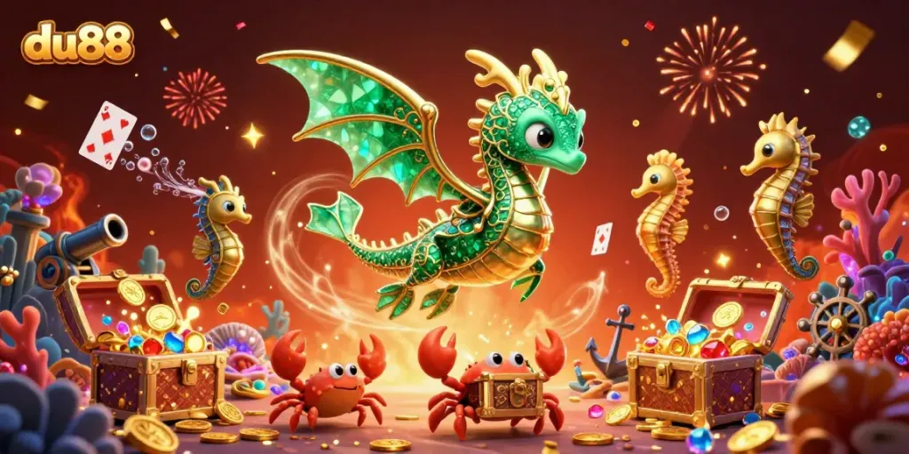 Experience the thrilling adventure at du88 with a vibrant casino-themed sea dragon and treasures.