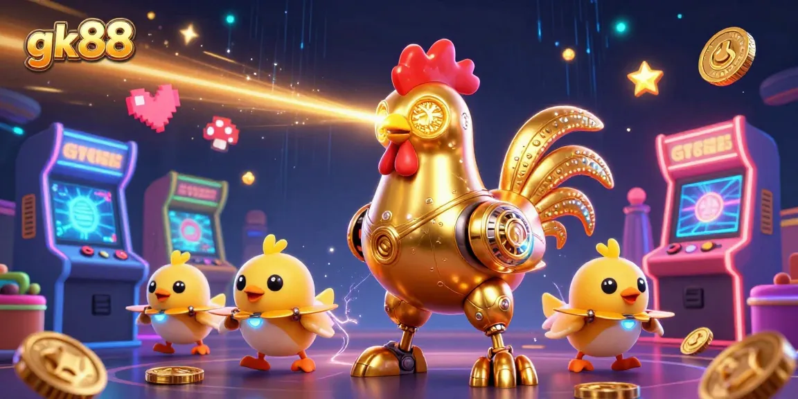 gk88 là hình ảnh minh họa cho robot gà vàng, máy game và hiệu ứng casino