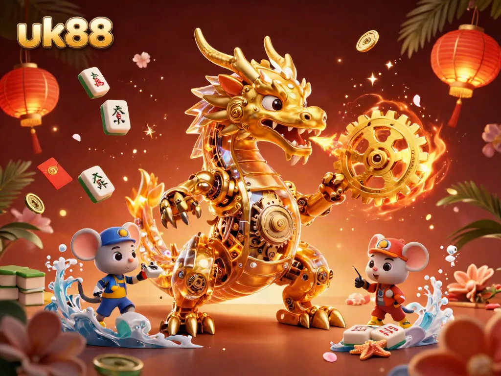 Experience thrilling gameplay at UK88 with a 3D golden dragon amidst casino magic.