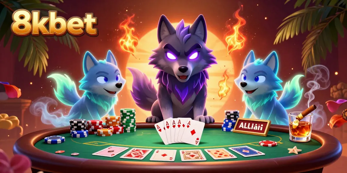 Experience the excitement of 8kbet as a spectral wolf leads the game with poker chips and cards.