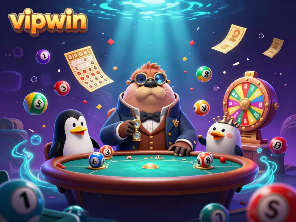 Experience the excitement of VIPWIN with a vibrant underwater casino scene featuring a jolly walrus and friends.