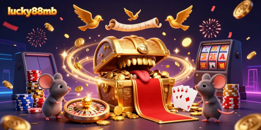 Engage in excitement with lucky88mb's 3D treasure chest and casino elements drawing players into thrilling games.