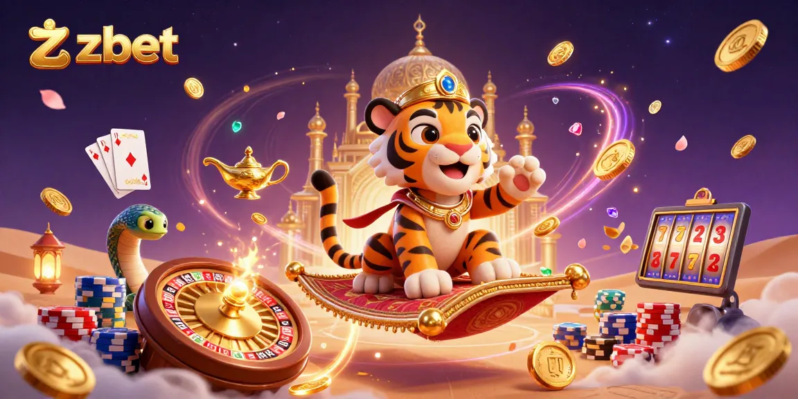 Experience zbet with a vibrant 3D illustration of a casino scene featuring a tiger sultan and gaming elements.