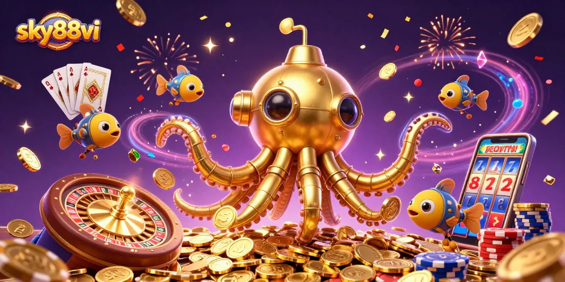 Catch big winnings at sky88vi with vibrant 3D casino elements and golden kraken theme.