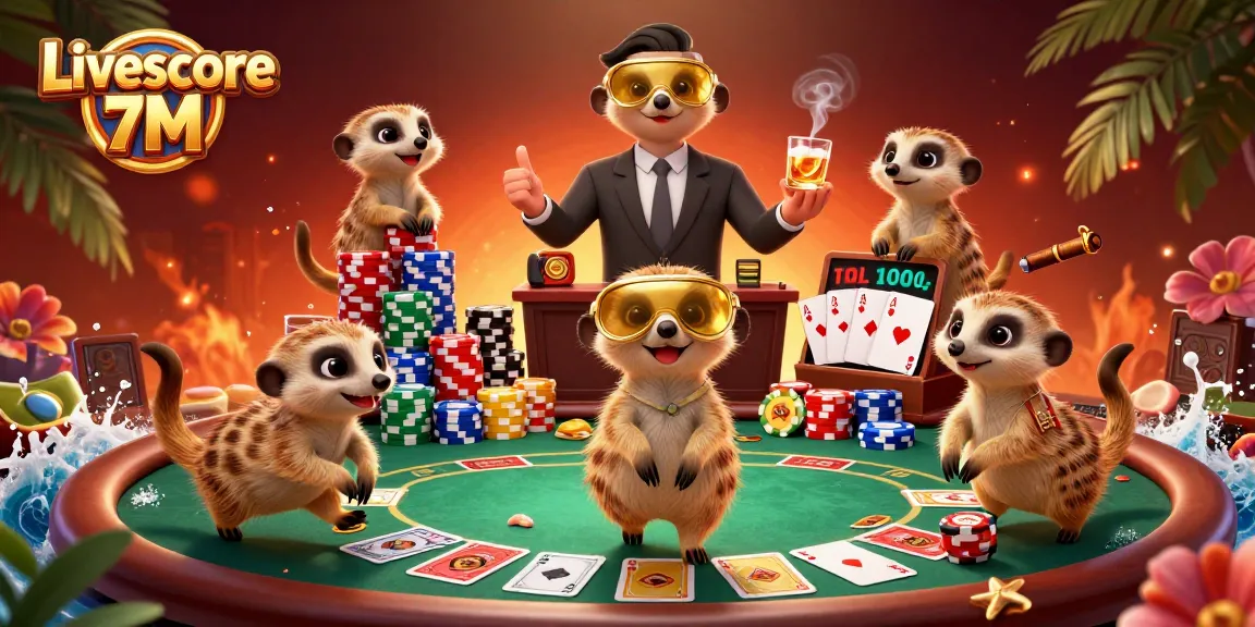 Experience Livescore 7M with playful meerkats managing a vibrant casino, featuring poker action and lively details.