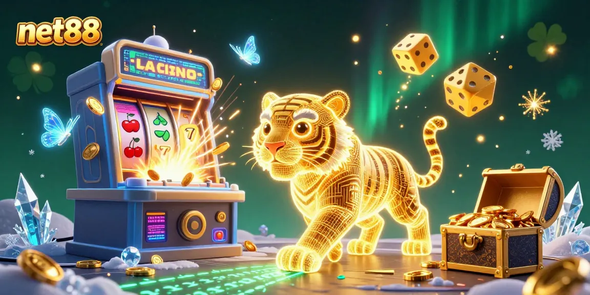 Experience the thrill of net88 gaming with a vibrant 3D digital casino illustration bursting with excitement.