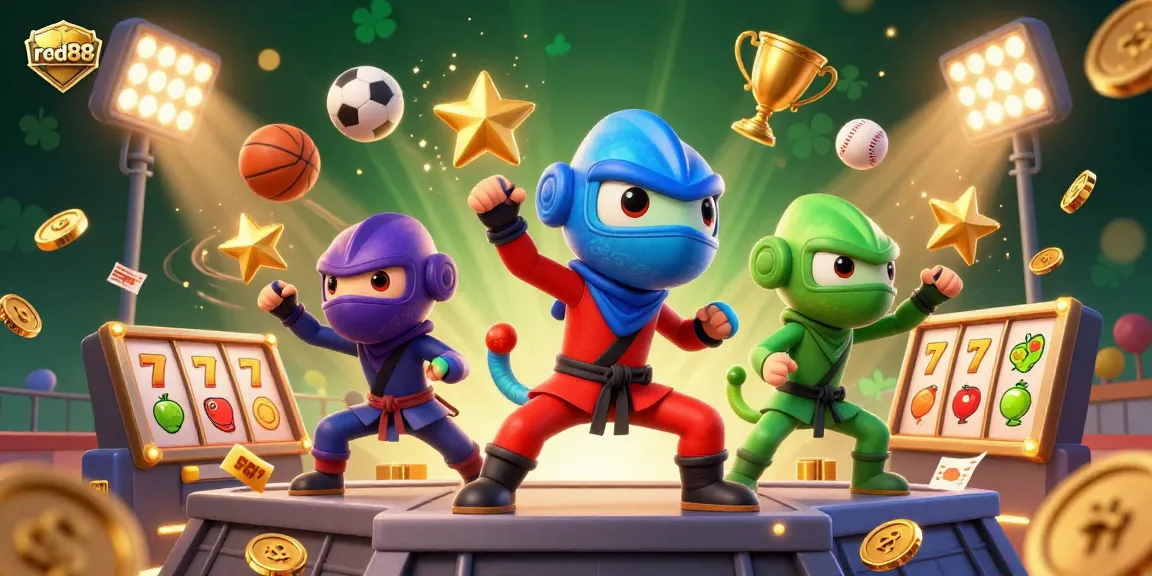red88 showcases an energetic scene with ninja chameleons, sports elements, and slot symbols in a vibrant casino atmosphere.